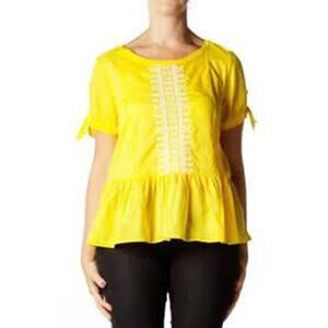 J. Crew Factory Blouse Embroidered Yellow Tie Sleeves Ruffle Hem Women 2